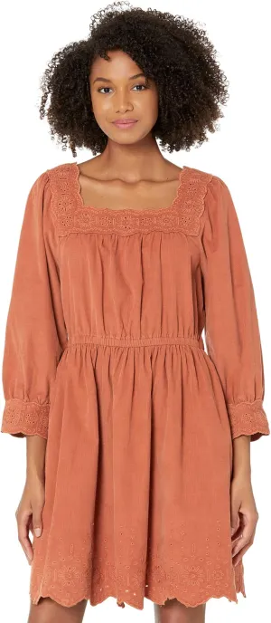 Madewell Corduroy Embroidered Square Neck Mini Dress in Warm Amber