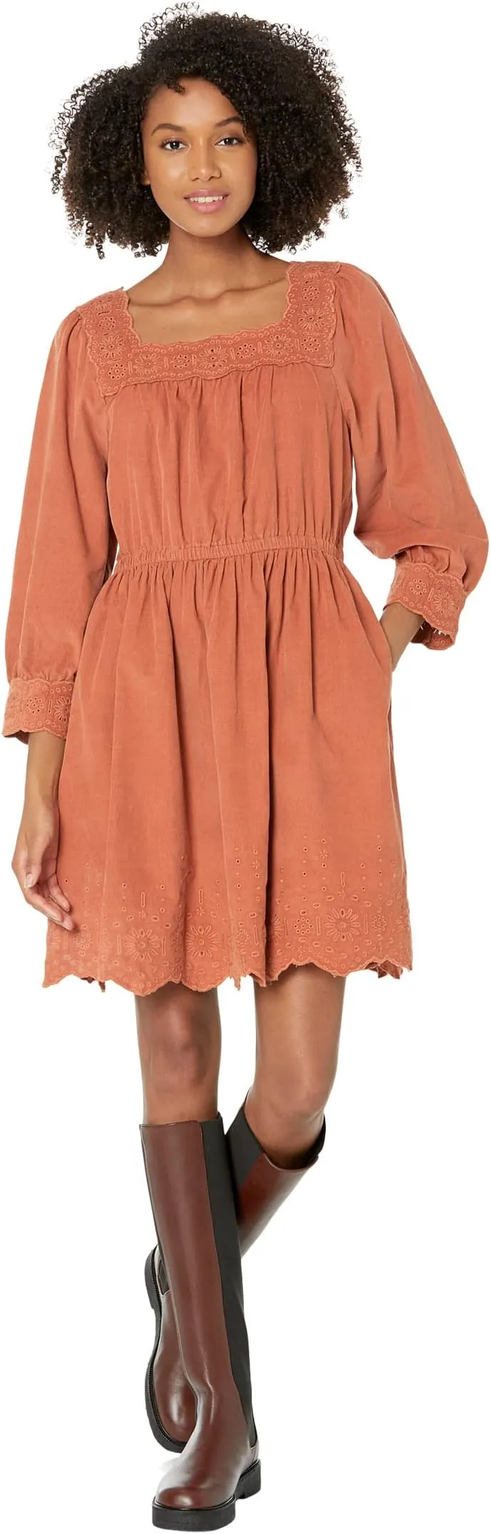 Madewell Corduroy Embroidered Square Neck Mini Dress in Warm Amber