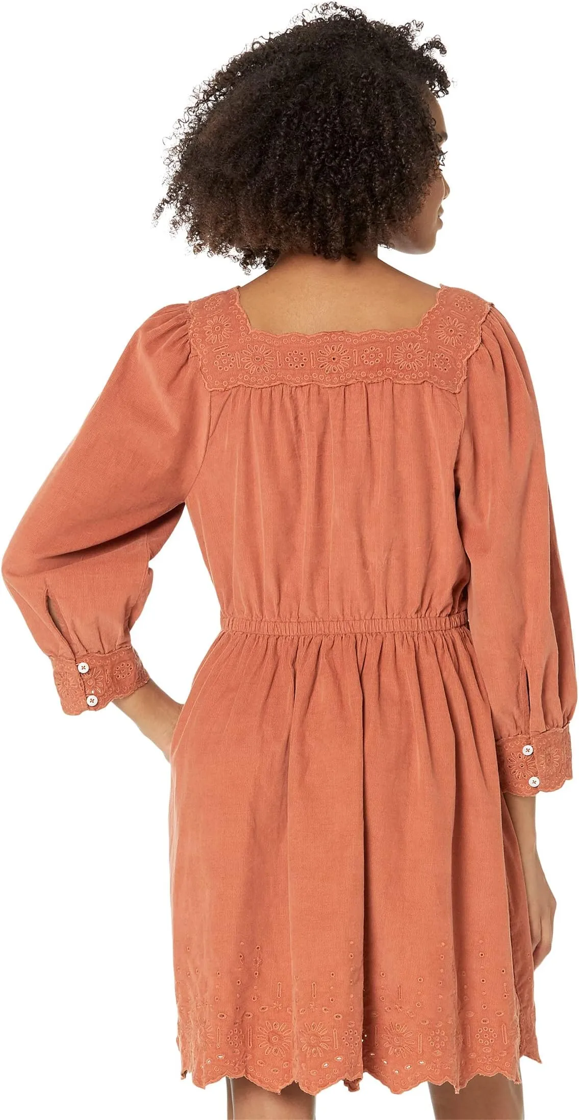 Madewell Corduroy Embroidered Square Neck Mini Dress in Warm Amber