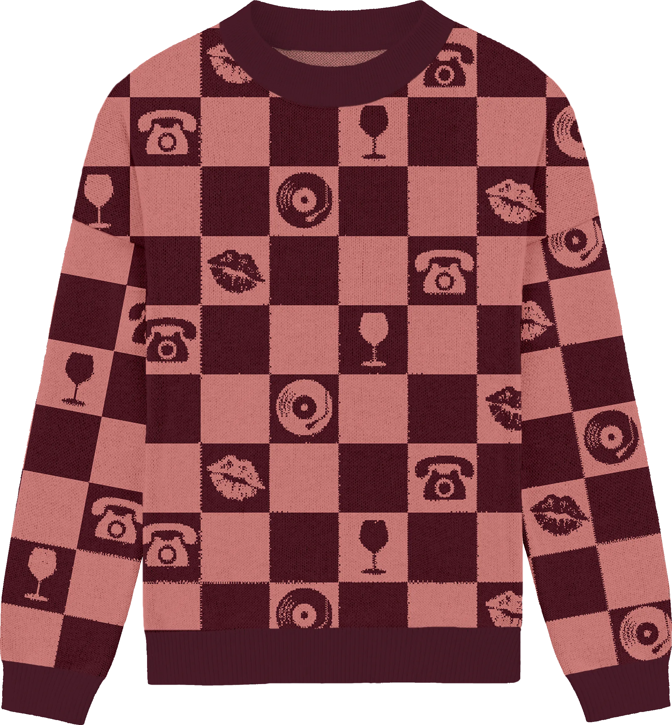 Maroon Checkered Knit Crewneck