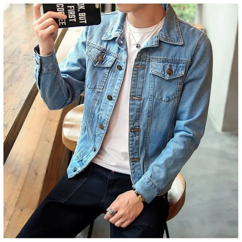 Men Lapel Collar Flap Pocket Buttoned Denim Jacket