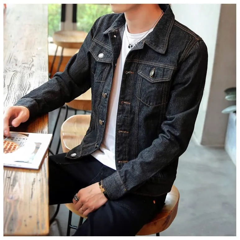 Men Lapel Collar Flap Pocket Buttoned Denim Jacket