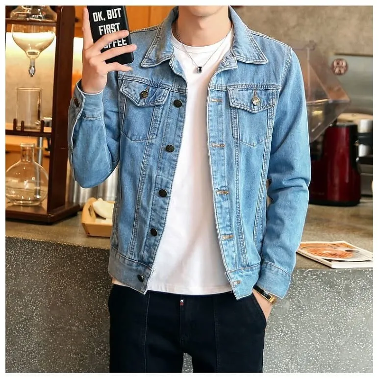 Men Lapel Collar Flap Pocket Buttoned Denim Jacket