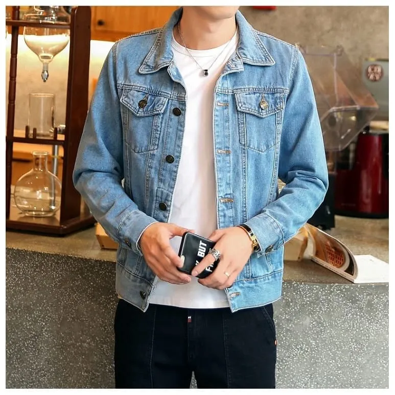 Men Lapel Collar Flap Pocket Buttoned Denim Jacket