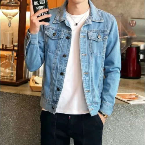 Men Lapel Collar Flap Pocket Buttoned Denim Jacket