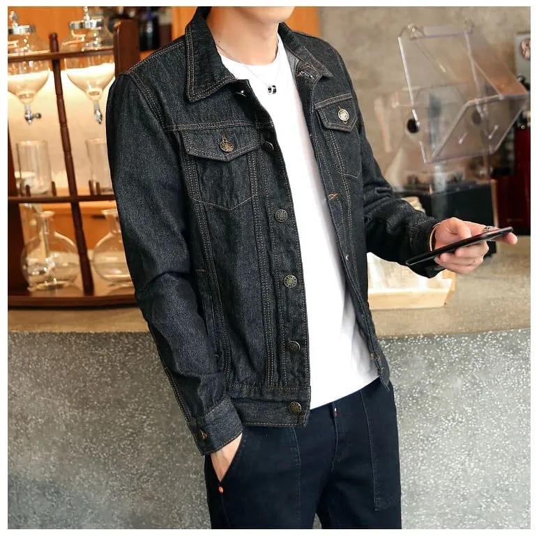 Men Lapel Collar Flap Pocket Buttoned Denim Jacket