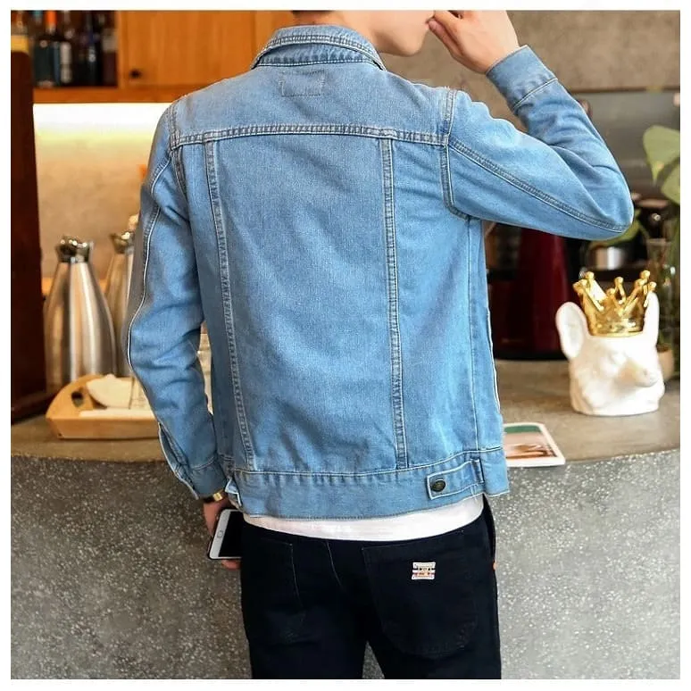 Men Lapel Collar Flap Pocket Buttoned Denim Jacket