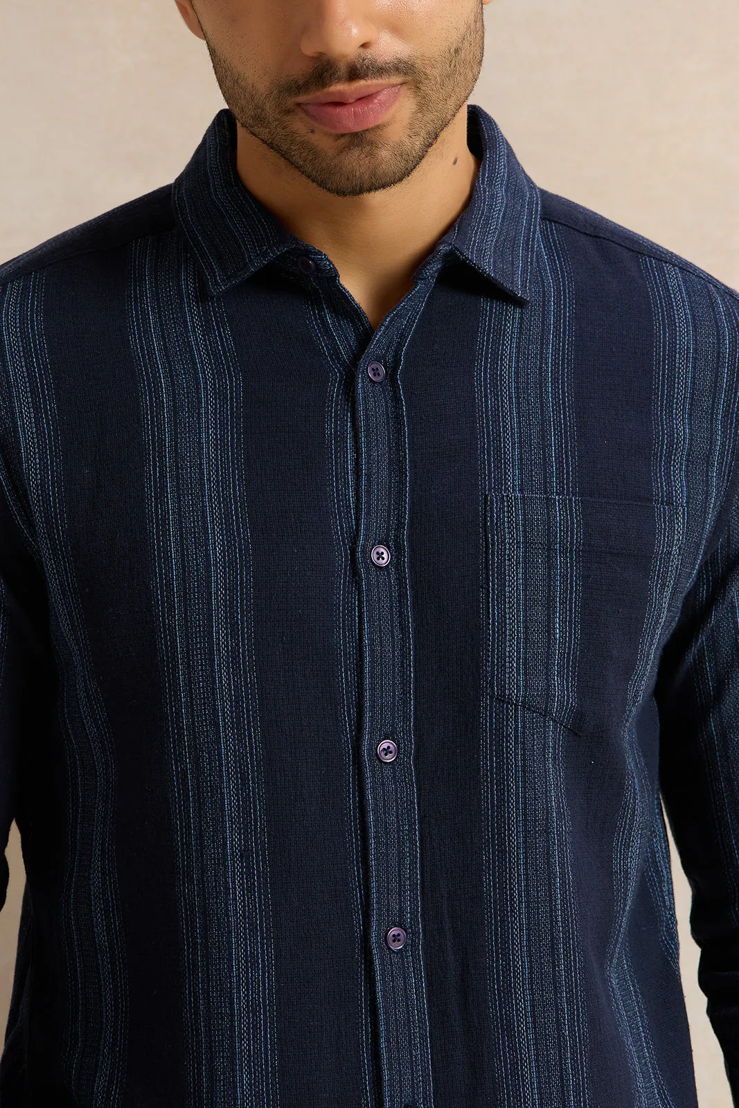 Men Navy Striped Casual Shirt