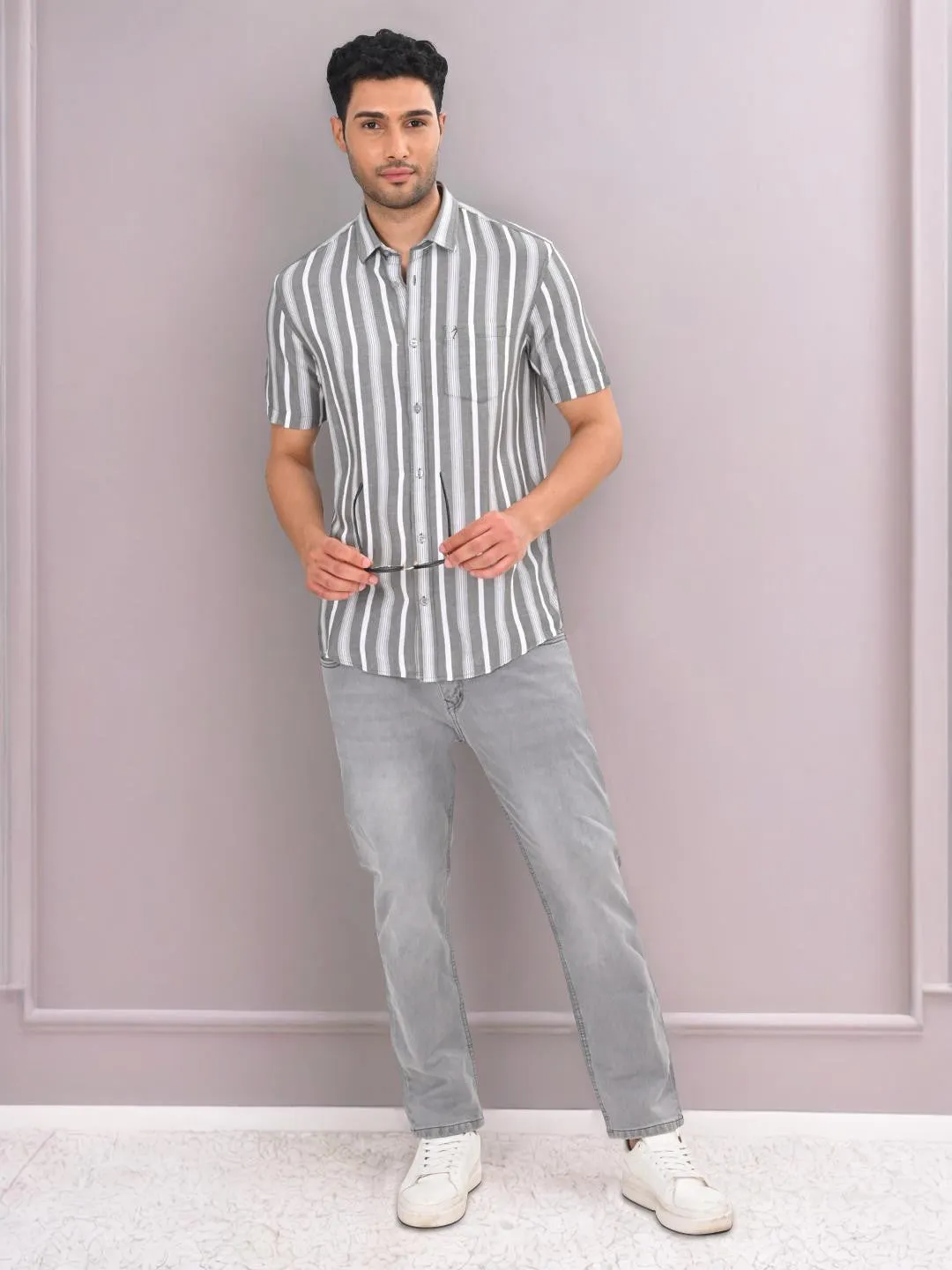 Men Striped Half Sleeve Viscose Blend Shirt