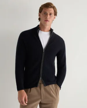 Men's Lambeth Rib Full Zip Cashmere Cardigan Navy Blue