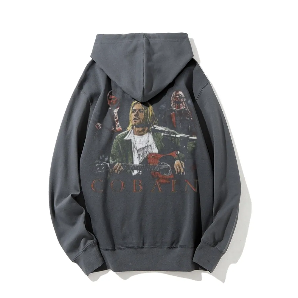 Mens Vintage Cobain Darkness Style Print Graphic Pullover With Kangaroo Pocket Hoodies