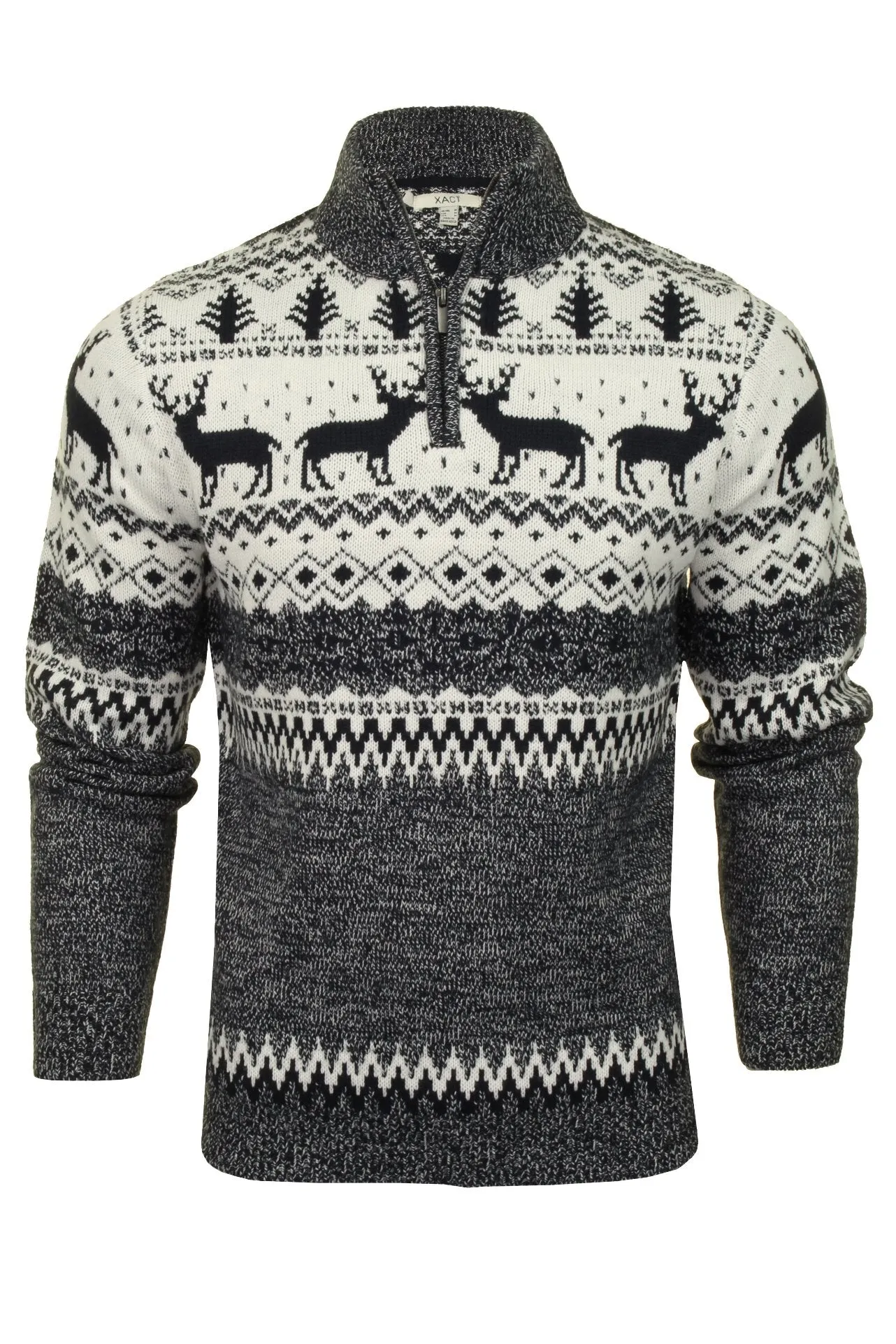 Mens Xact Xmas Christmas Jumper 'Reindeer Fairisle Quarter Zip Crew'