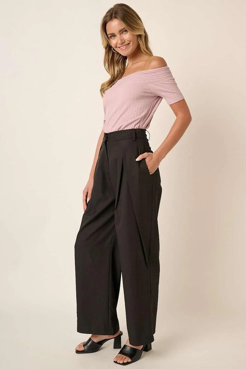 Mittoshop Wide Leg Linen Pants USA Stock Deep Pleated High Waisted