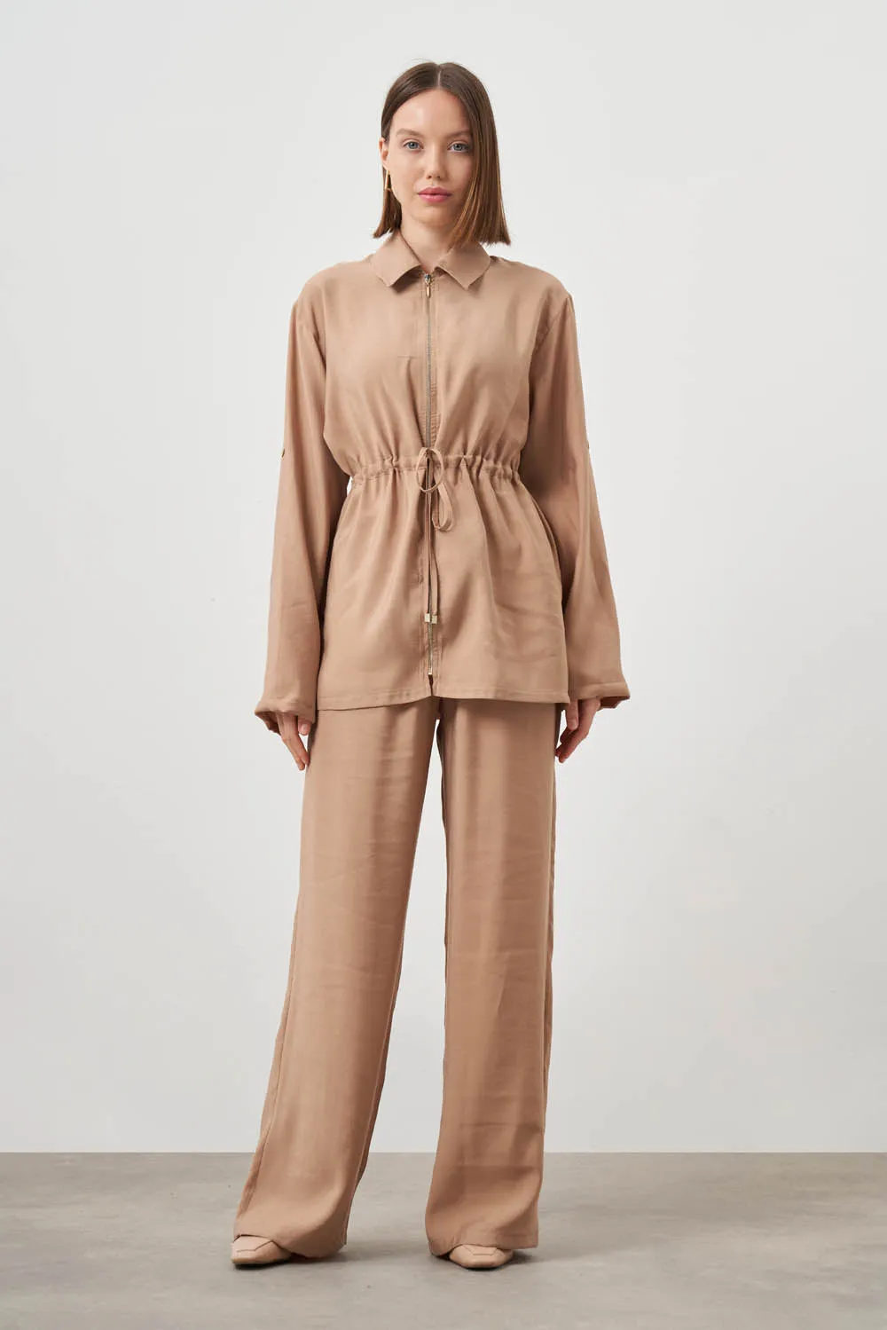 Mizalle-Cinched Waist Shirt Jacket-Beige