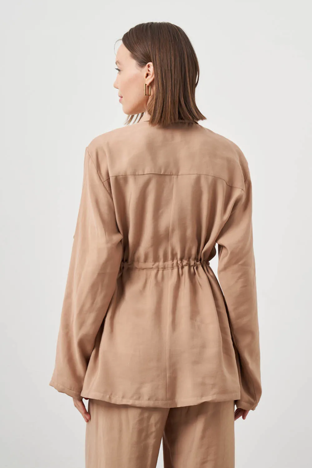 Mizalle-Cinched Waist Shirt Jacket-Beige