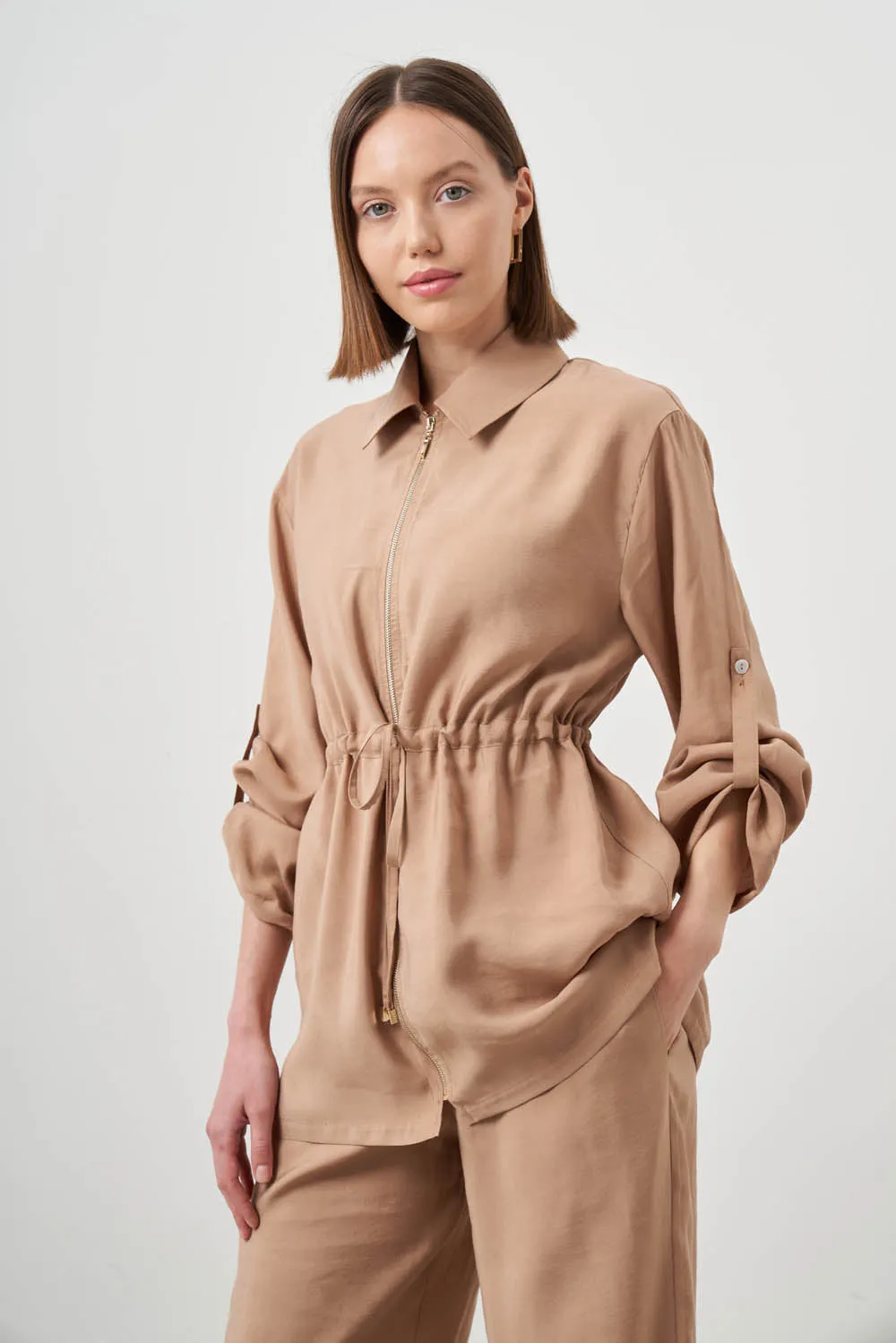 Mizalle-Cinched Waist Shirt Jacket-Beige