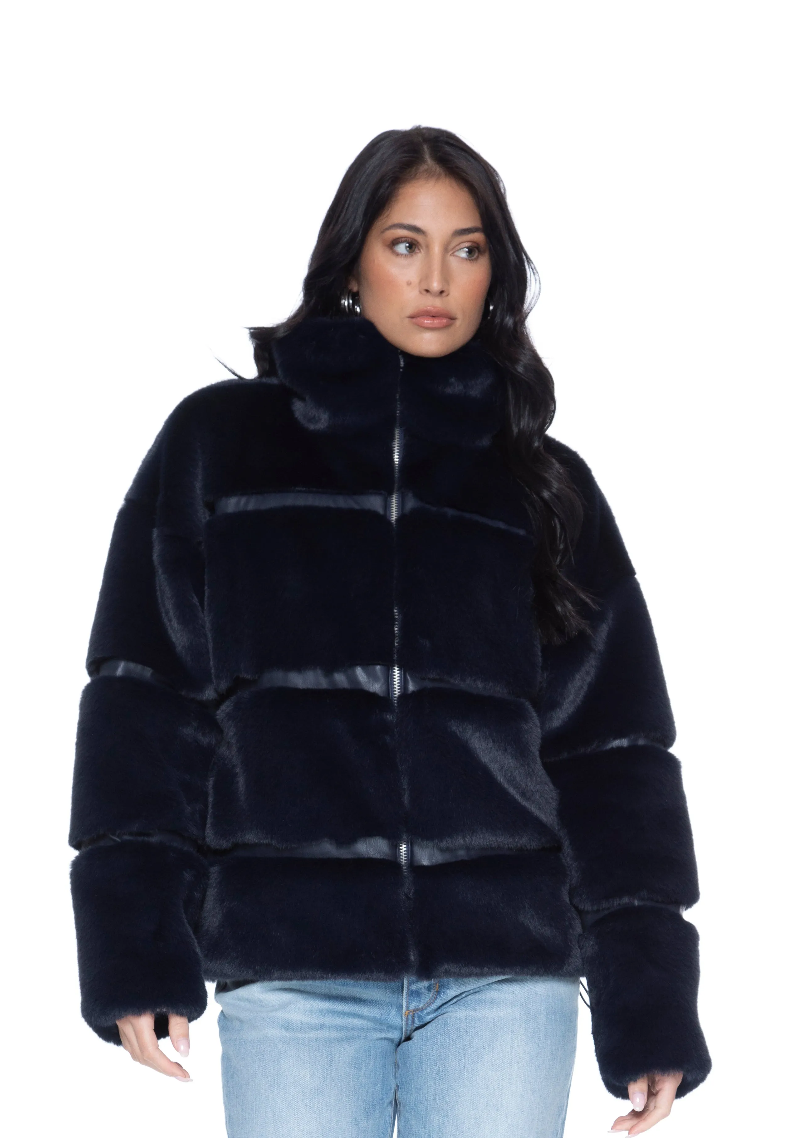 Mob Wife UnReal Leather Fur Jacket In Navy