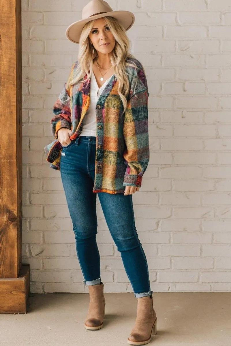 Multicolor Brushed Checked Buttoned Jacket