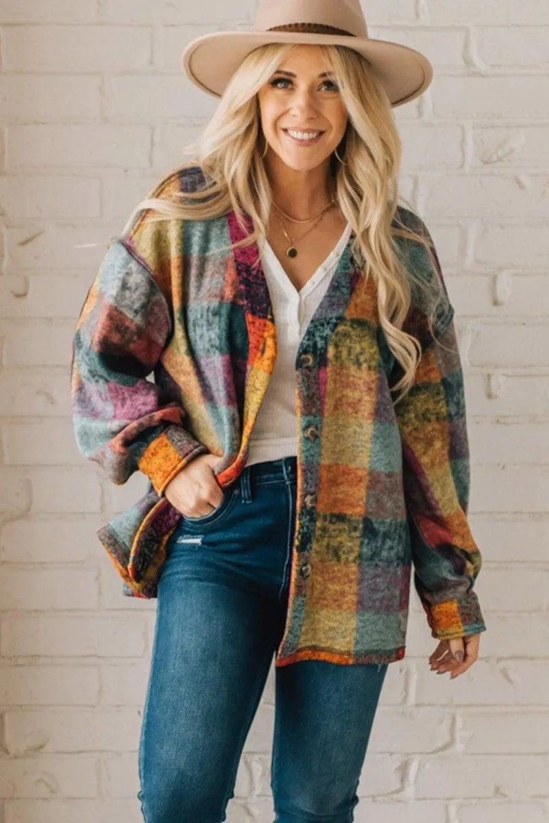 Multicolor Brushed Checked Buttoned Jacket