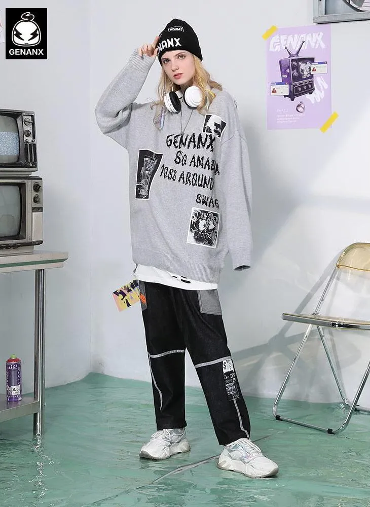 Multicolor Letter Jacquard Crew Neck Sweater