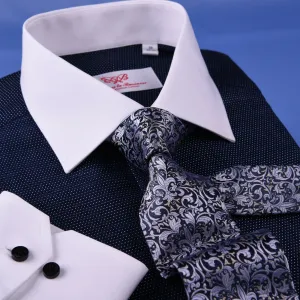 Navy Blue Diamond Luxury Formal Business Dress Shirt White Collar White Cuff