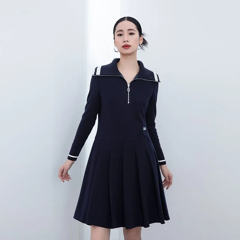 Navy Blue Large Collar Wool Midi Dress