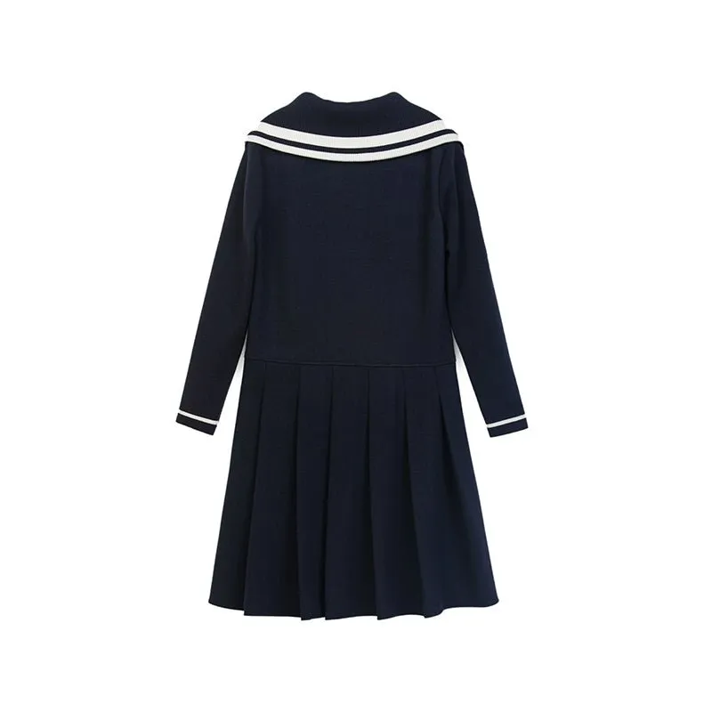 Navy Blue Large Collar Wool Midi Dress