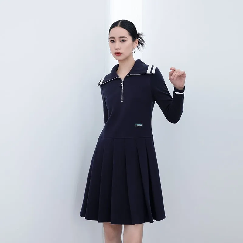 Navy Blue Large Collar Wool Midi Dress