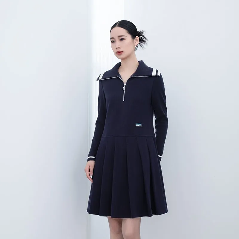 Navy Blue Large Collar Wool Midi Dress