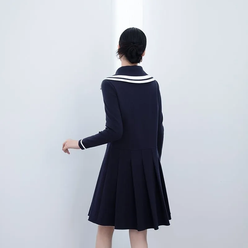 Navy Blue Large Collar Wool Midi Dress