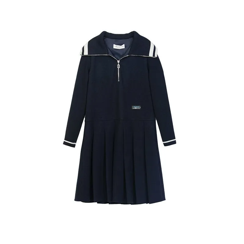 Navy Blue Large Collar Wool Midi Dress