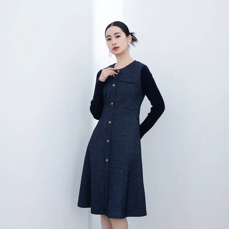 Navy Blue Woolen Slim Midi Dress