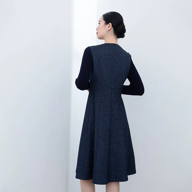 Navy Blue Woolen Slim Midi Dress