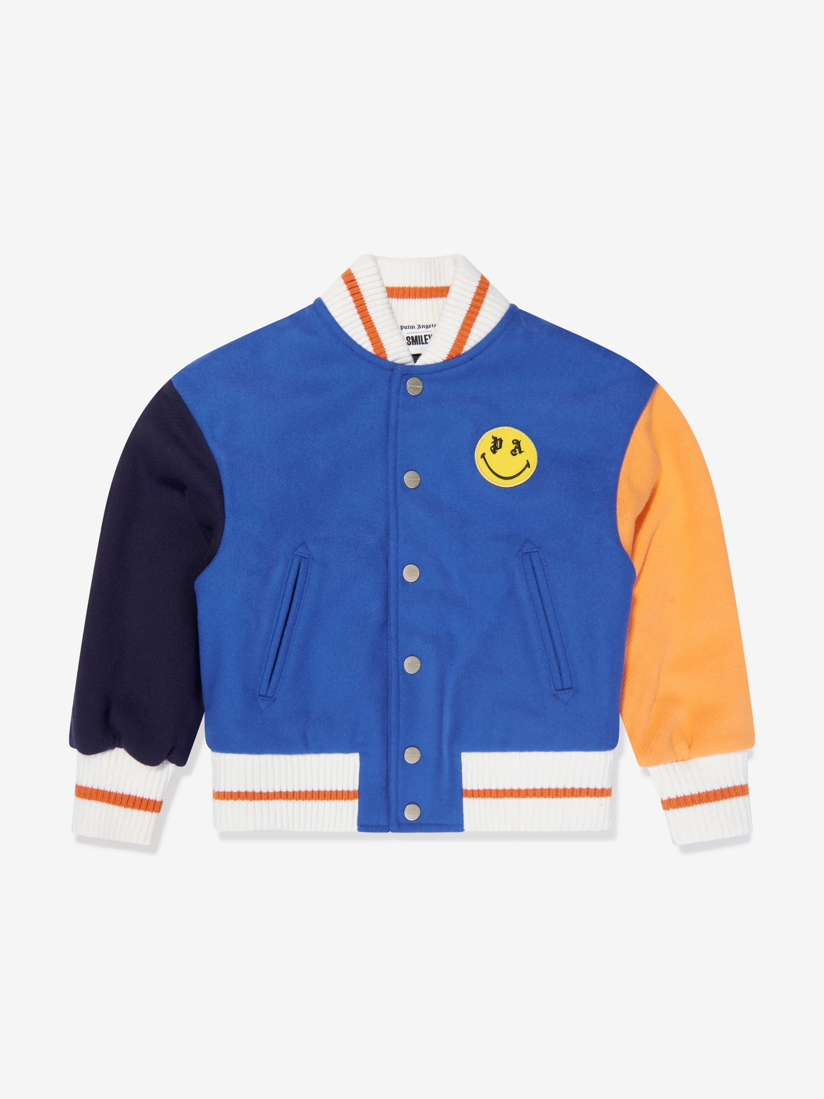 Palm Angels Boys Smiley Bear Varsity Jacket in Blue