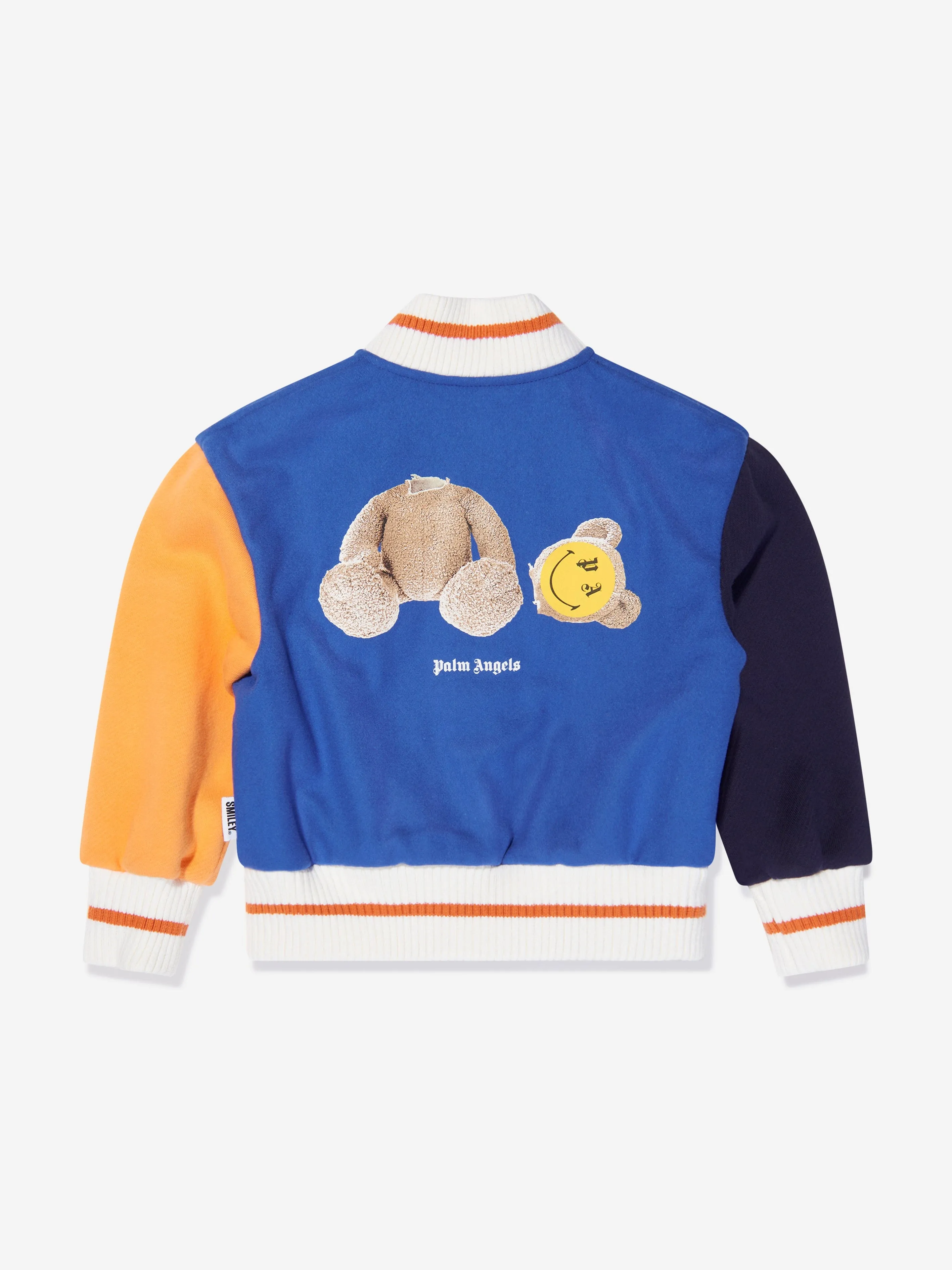 Palm Angels Boys Smiley Bear Varsity Jacket in Blue