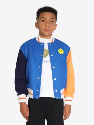 Palm Angels Boys Smiley Bear Varsity Jacket in Blue