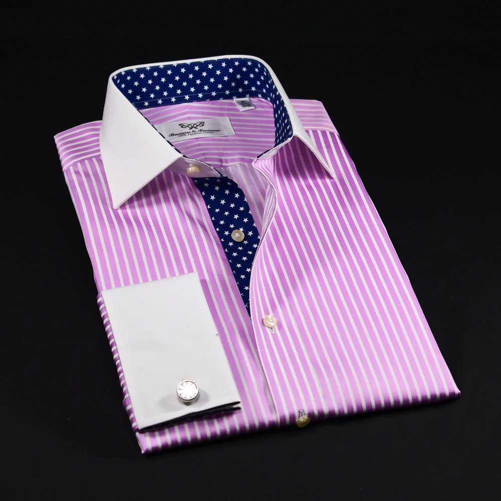 Pink Striped Contrast Formal Business Dress Shirt Wrinkle Free Stars Inner Lining French in Double Cuffs