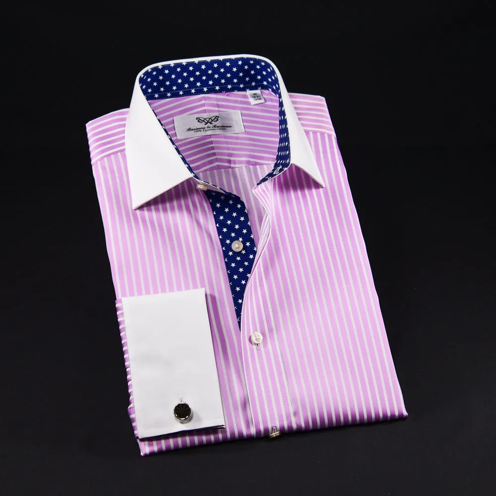 Pink Striped Contrast Formal Business Dress Shirt Wrinkle Free Stars Inner Lining French in Double Cuffs