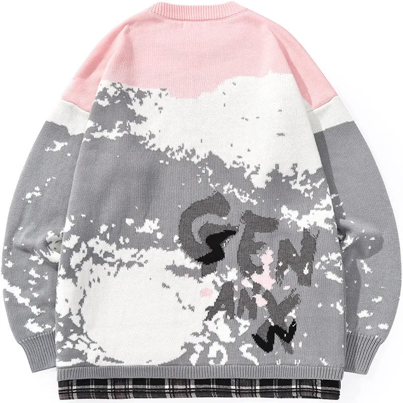 Plaid Spliced Multicolor Letter Jacquard Crew Neck Sweater