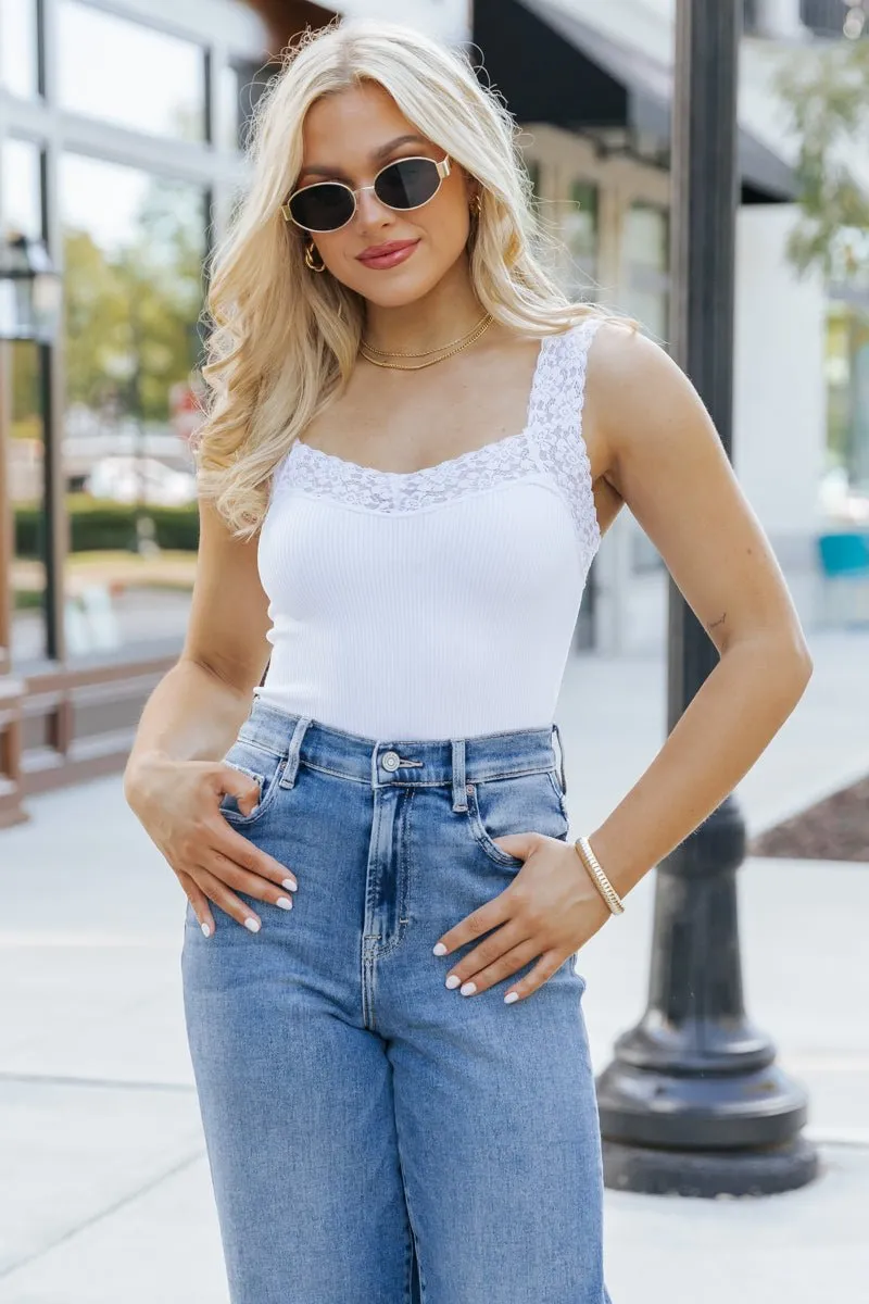 Seamless Lace Trim Tank Top - White - DOORBUSTER