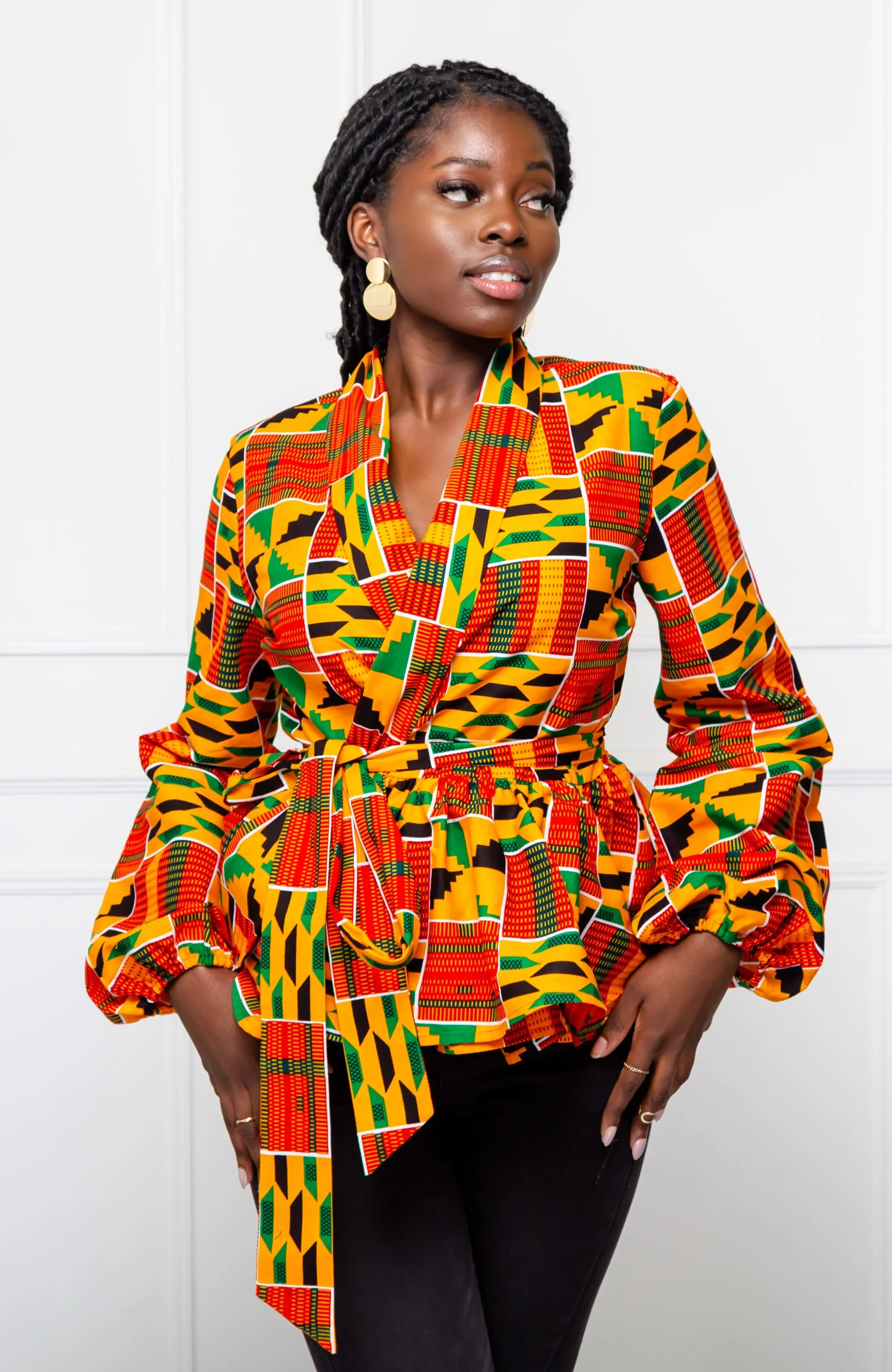 Shawl Collar Peplum Wrap blouse | African Print Tops - KENYA