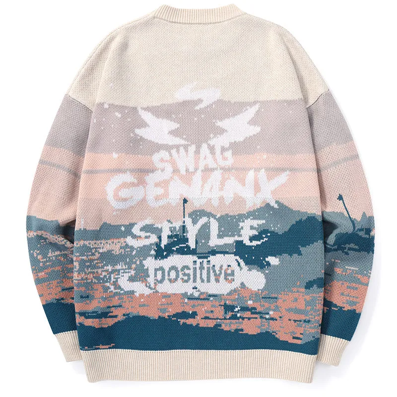 Sunset Letter Jacquard Crew Neck Sweater