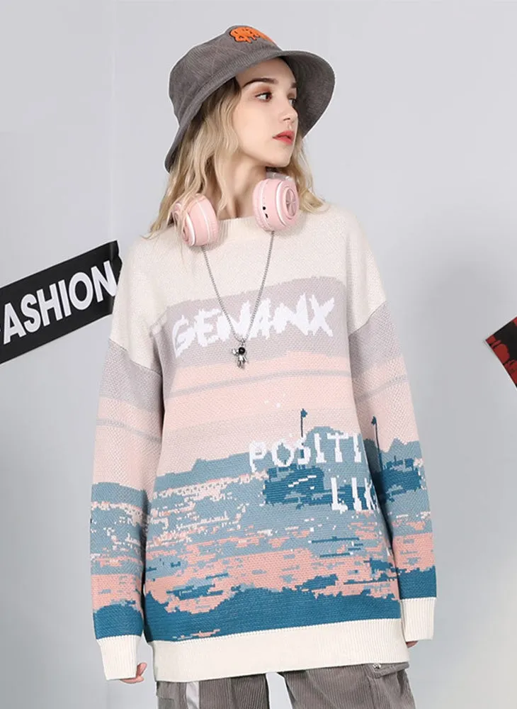 Sunset Letter Jacquard Crew Neck Sweater