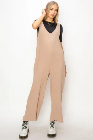 Tan Linen Sleeveless Jumpsuit