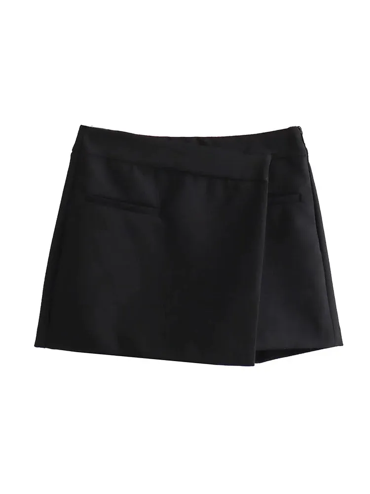 Uniwim Women Fashion Solid Asymmetrical Side Zipper Mini Skirts Shorts Vintage Mid Waist Female Chic Lady Shorts