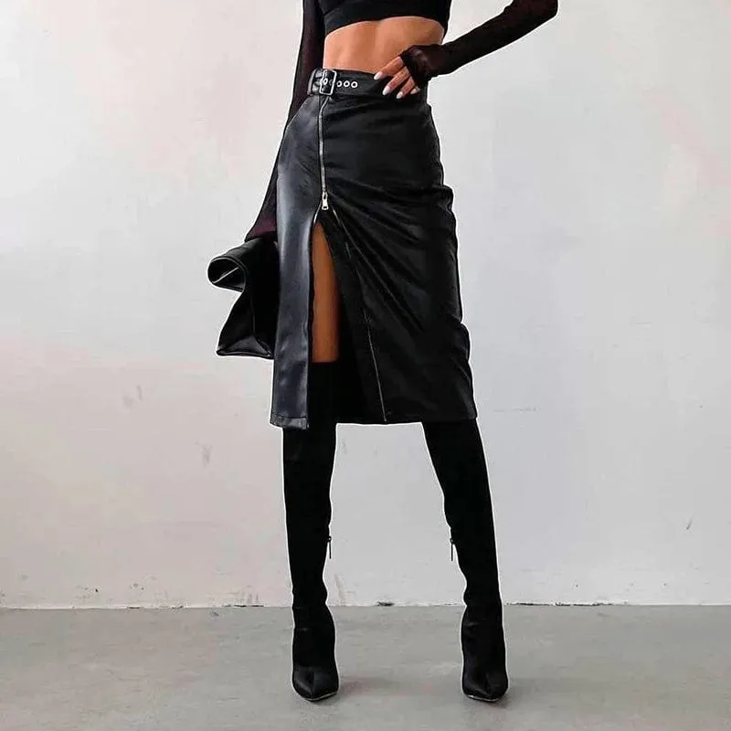 Vintage Streetwear PU Leather High Waist Pencil Skirt - Zipper High Split Midi Skirt with Belt for Women