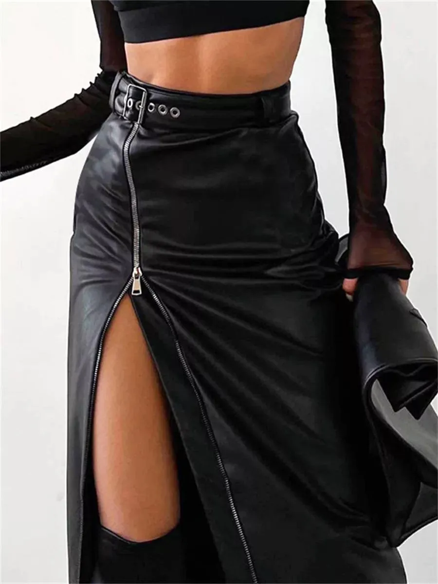 Vintage Streetwear PU Leather High Waist Pencil Skirt - Zipper High Split Midi Skirt with Belt for Women