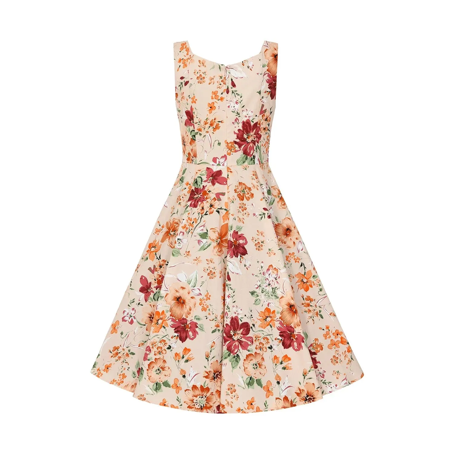 Warm Orange Sleeveless Floral Swing Tea Dress