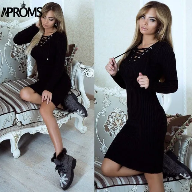 Warm V neck Lace Up Tunic Party Dresses