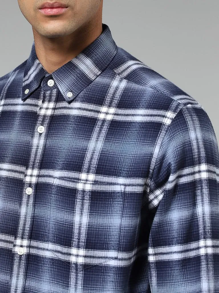 WES Casuals Blue Checked Cotton Relaxed-Fit Shirt